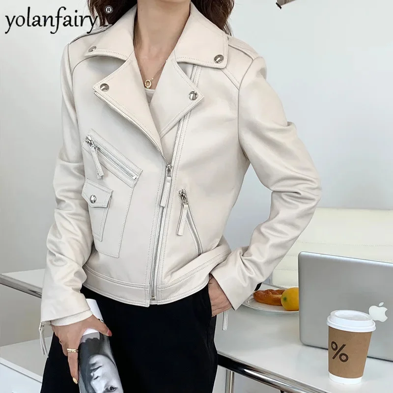 

Женская куртка из натуральной овечьей шкуры, белая мотоциклетная куртка с воротником-костюмом для весны и осени, FCY4778, 2023