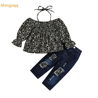 kids baby girls off shoulde long sleeve flower top shirts hole denim trousers children casual clothes set 2pcs 12m 5y