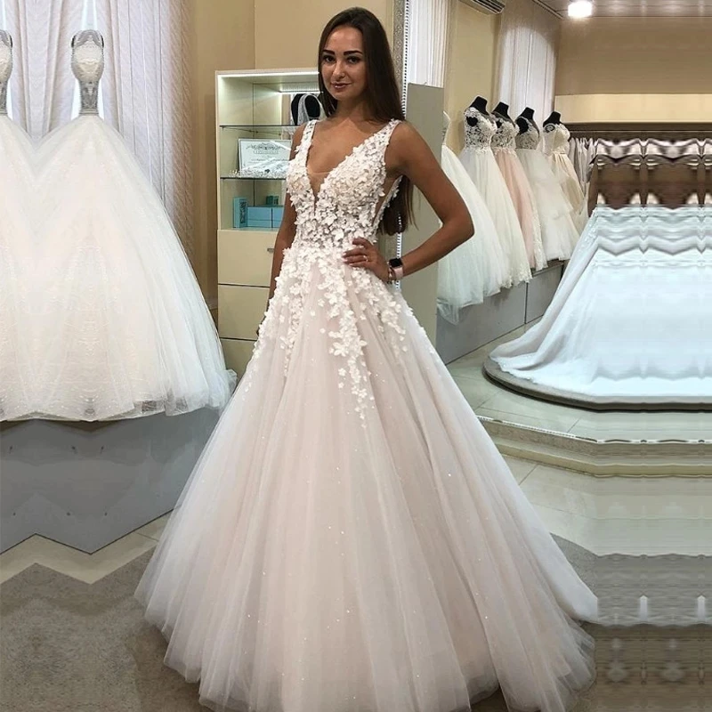 

ANGELSBRIDEP Свадебные платья а-силуэта с глубоким V-образным вырезом Свадебные платья халат Свадебный простой дизайн аппликация Тюль