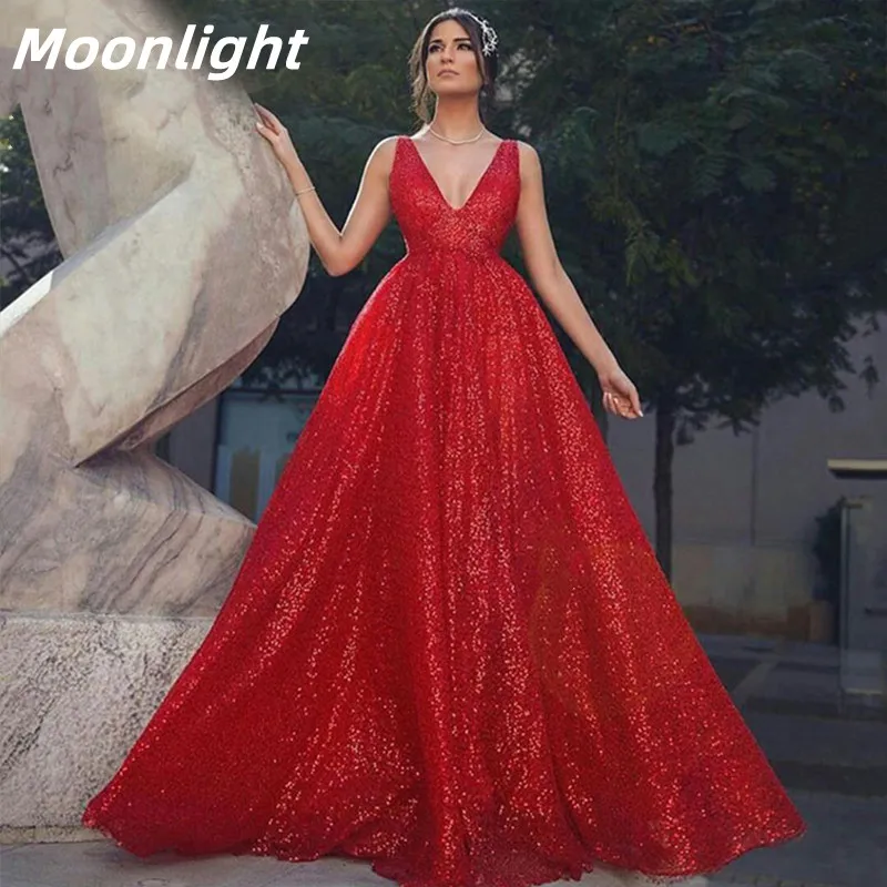 

Moonlight Sparkle Red Evening Dress 2022 Sleeveless Fashion A-Line V-Neck Prom Gowns Backless Zipper Pleats Robes De Soirée