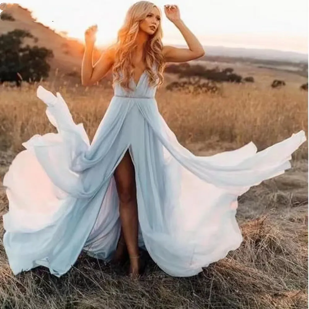 

Sky Blue Prom Dresses Charming V-Neck Sleeveless High Slit Chiffon vestido de formatura longo Evening Party Gown Sexy Long