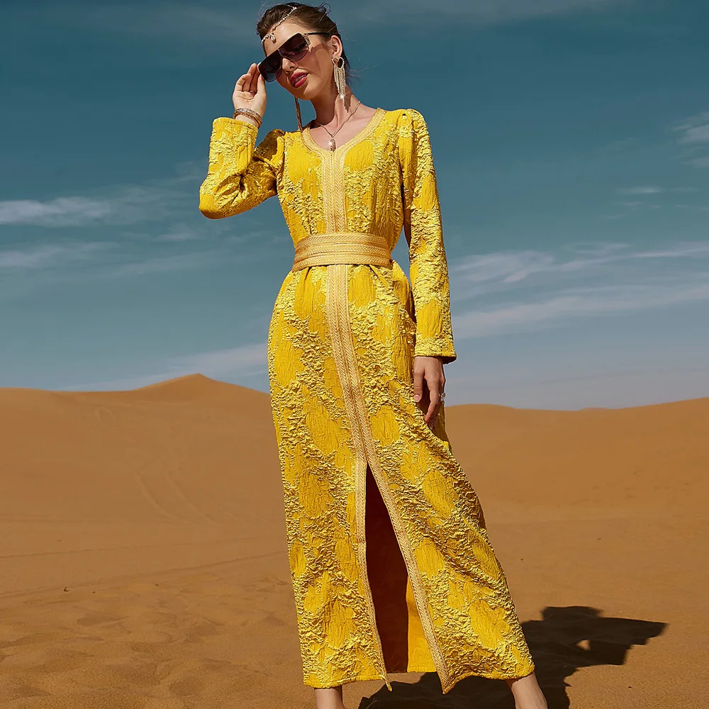 Solid Yellow Women Dress Muslim Abaya Dubai Kaftan Islamic Clothing Evening Party Gown Caftan Marocain Djellaba Eid Ramadan
