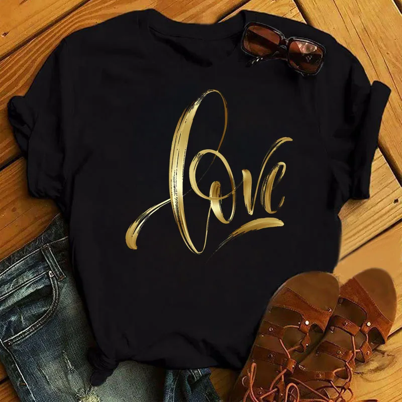 

New Women Black T Shirt Love Gold Font Hand Drawn T Shirt Ladies Casual Cute Short Sleeve Tops Tee Female Summer T-shirt Clothes