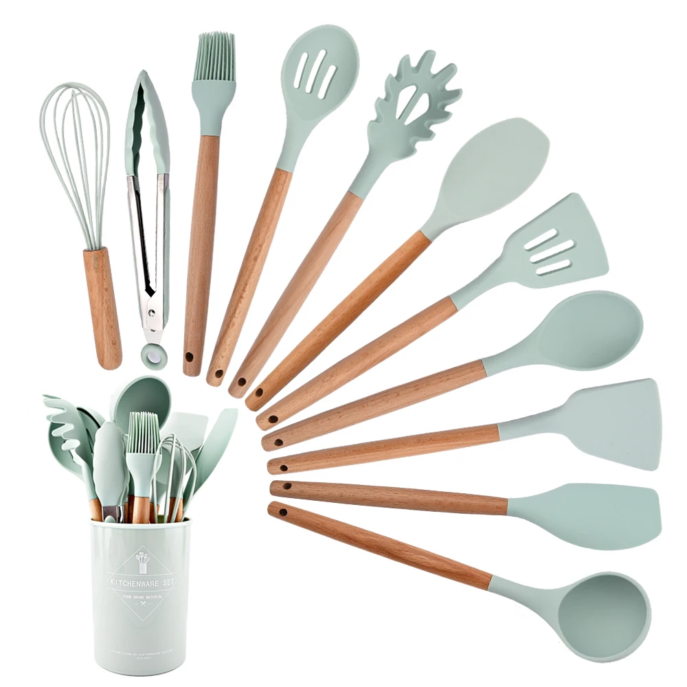 

Non-Stick Silicone Kitchenware Wooden Handle Spatula Heat Resistant Cooking Tool Ladle Egg Beaters Cookware Kitchen Accessories