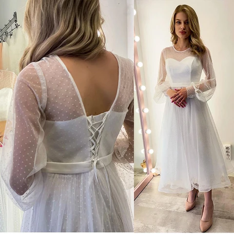 New Arrival Lace Point Wedding Dresses Long Puff Sleeves платья Bride Gown Robe De Mariée Vestido De Noiva A-line Tea Length