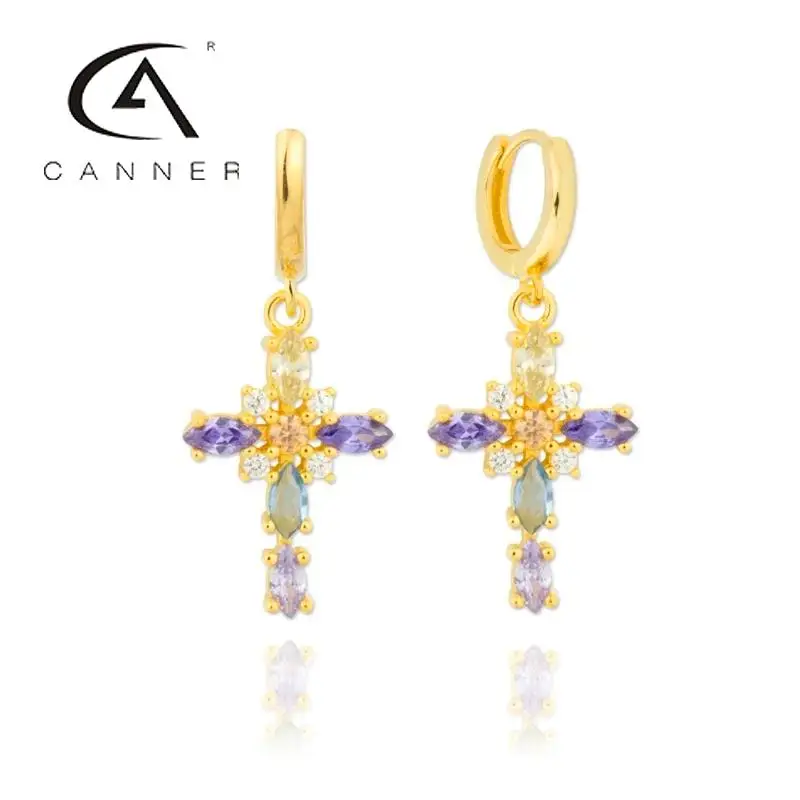 

CANNER Luxury Diamond Cross Earrings For Women 925 Silver Earrings Colored Zircon Dangle Small Hoop Earings Jewelry Pendientes