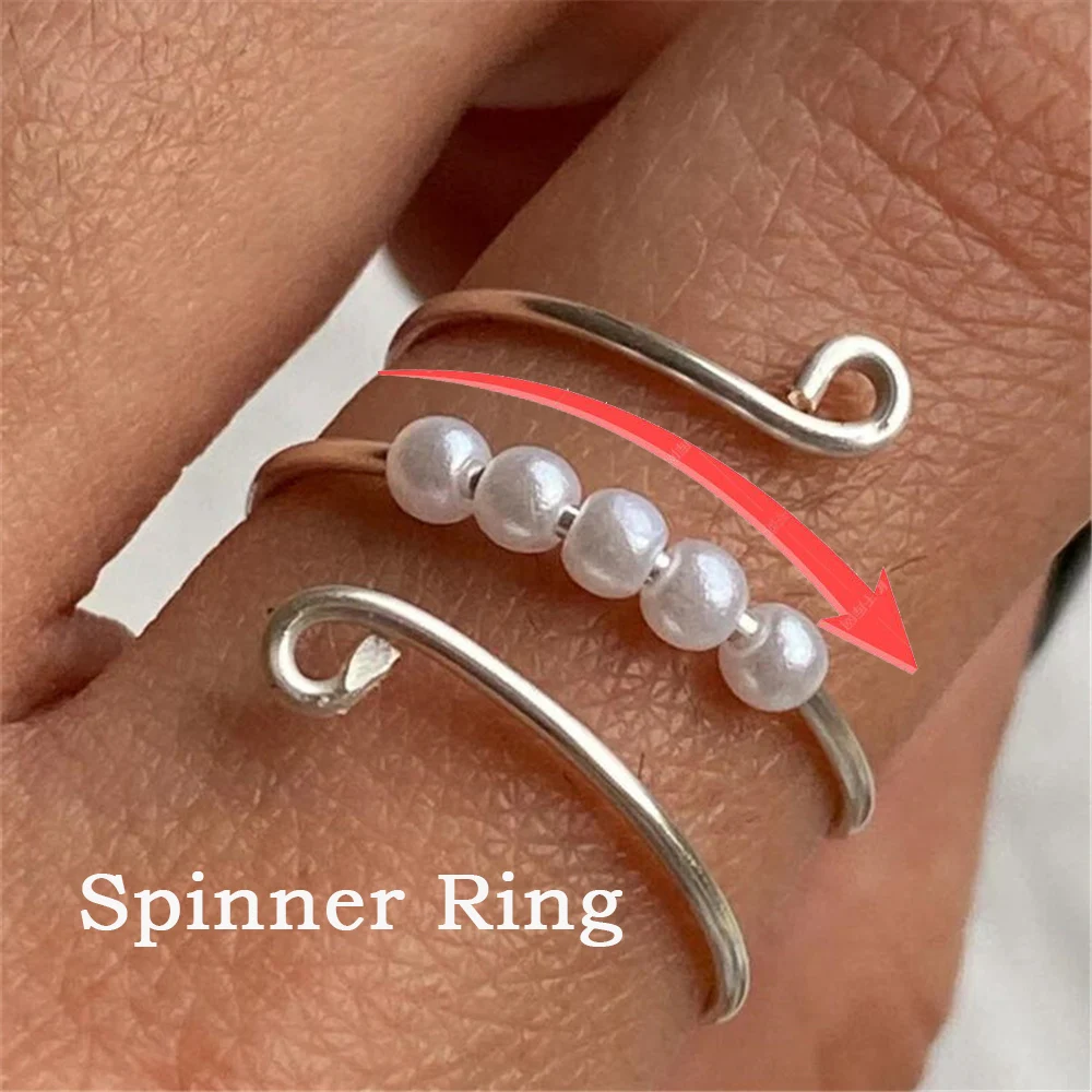 

Simulated Pearl Beads Fidget Spinner Rings For Women Rotate Anti Stress Anxiety Ring Aesthetic Wedding Ring Vintage Jewelry Gift