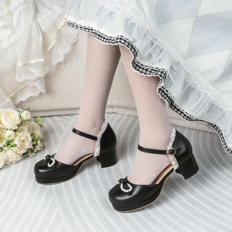 Бежевые босоножки на каблуке Большой размер Туфли с бантом Средний черный модный