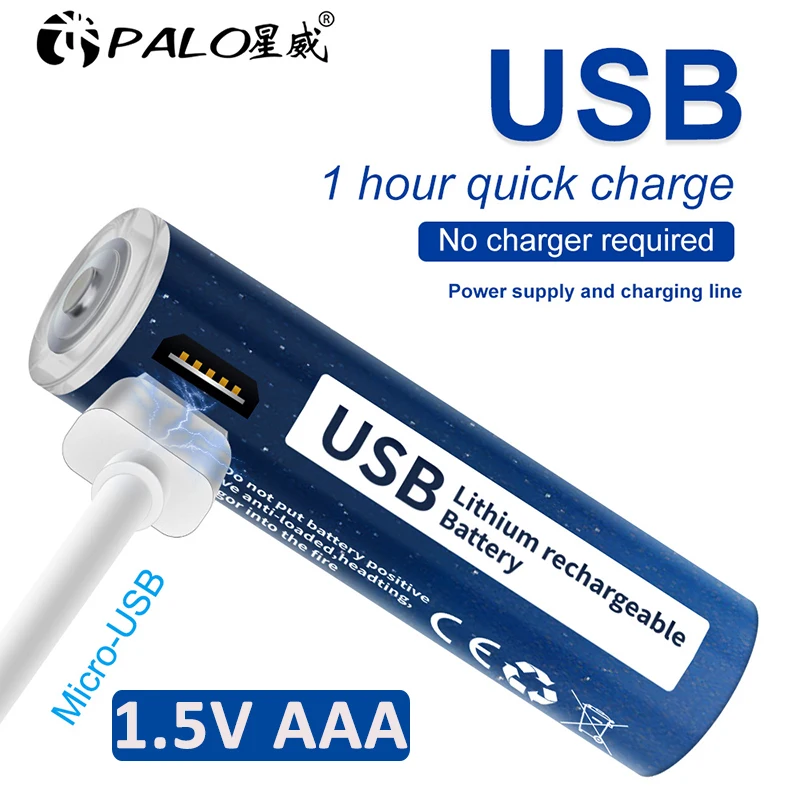 

PALO 1110mWh 1.5V USB AAA Li-ion Battery HR03 USB Port AAA Rechargeable Lithium ion AAA Batteries With USB Cable For Clocks Mice