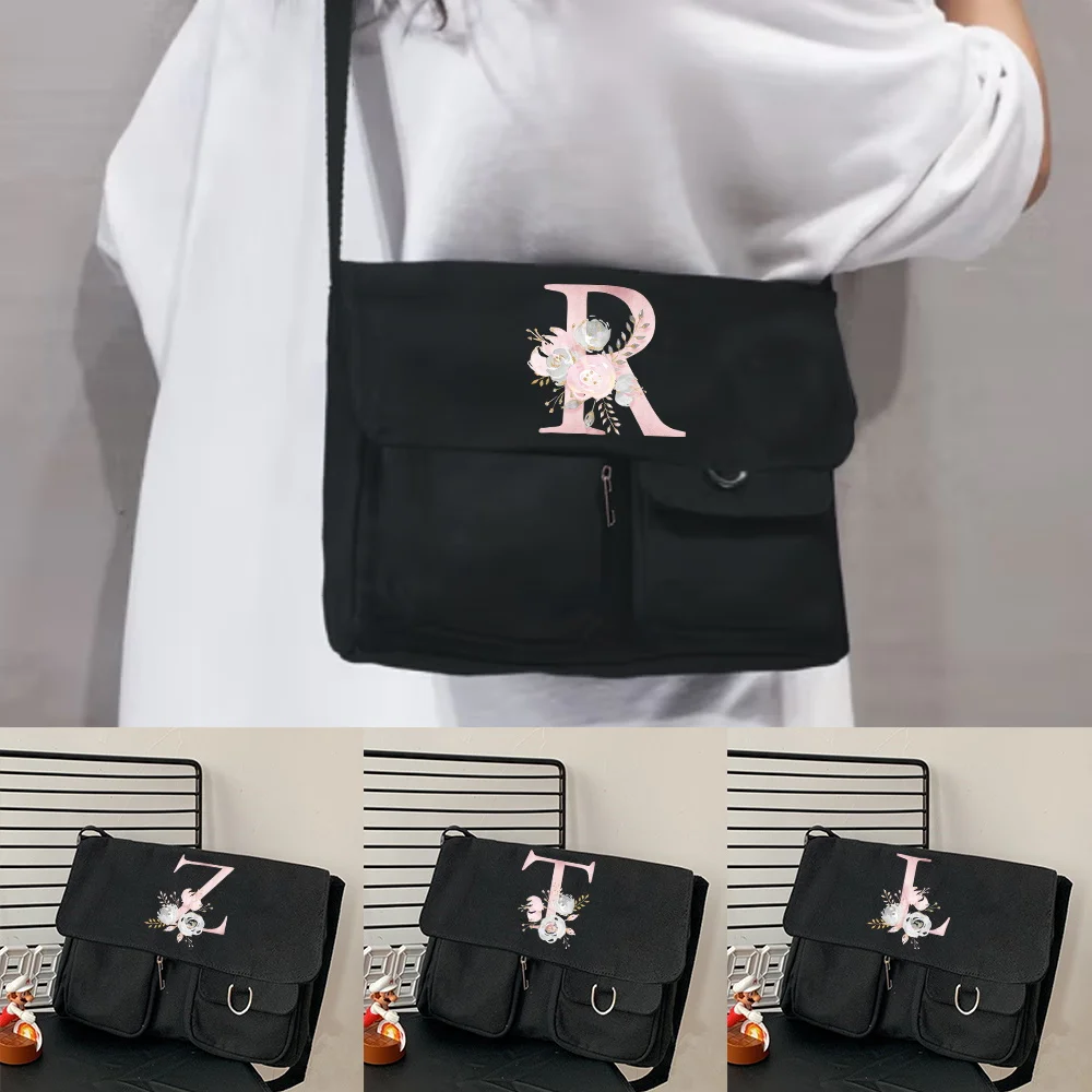

Women's Canvas Messenger Bag Satchel Handbag Shoulder Large Capacity Tote Bag Female Pink Flower Lettern Pattern Shopping Bags