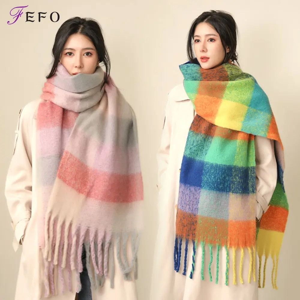 

Women Plaid Scarf Winter Pashmina Shawls Wraps Lady Tassel Warm Scarves Rainbow Hairy Bufanda Stole Bufandas Invierno Mujer