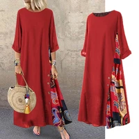 vintage stitching dress womens maxi sundress casual 34 sleeve summer vestidos ladies o neck floral robe loose long dress 2022