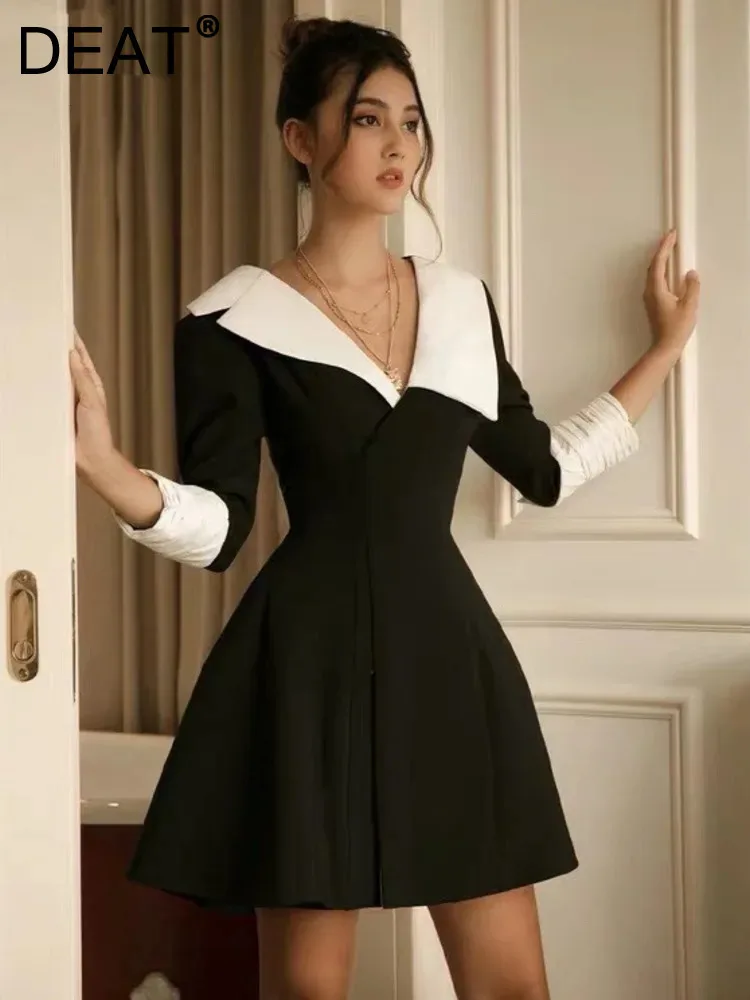 DEAT Элегантное платье с v-образным вырезом контрастного цвета в стиле пэчворк