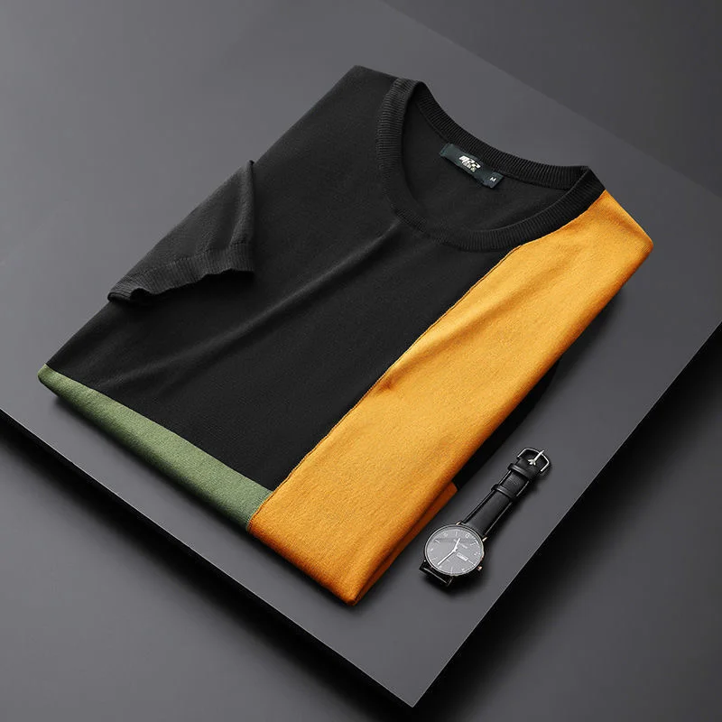 

High quality fashion color matching knitted T-shirt men's 2023 new Korean round neck slim fitting short sleeve summer luxury top