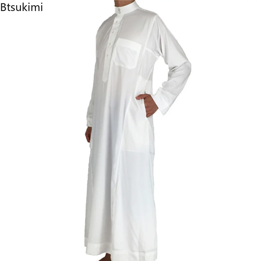 2023 White Polyester Muslim Jubba Thobe Muslim Fashion Long Sleeve Stand Collar Islamic Arabic Kaftan Men Abaya Islam Clothing