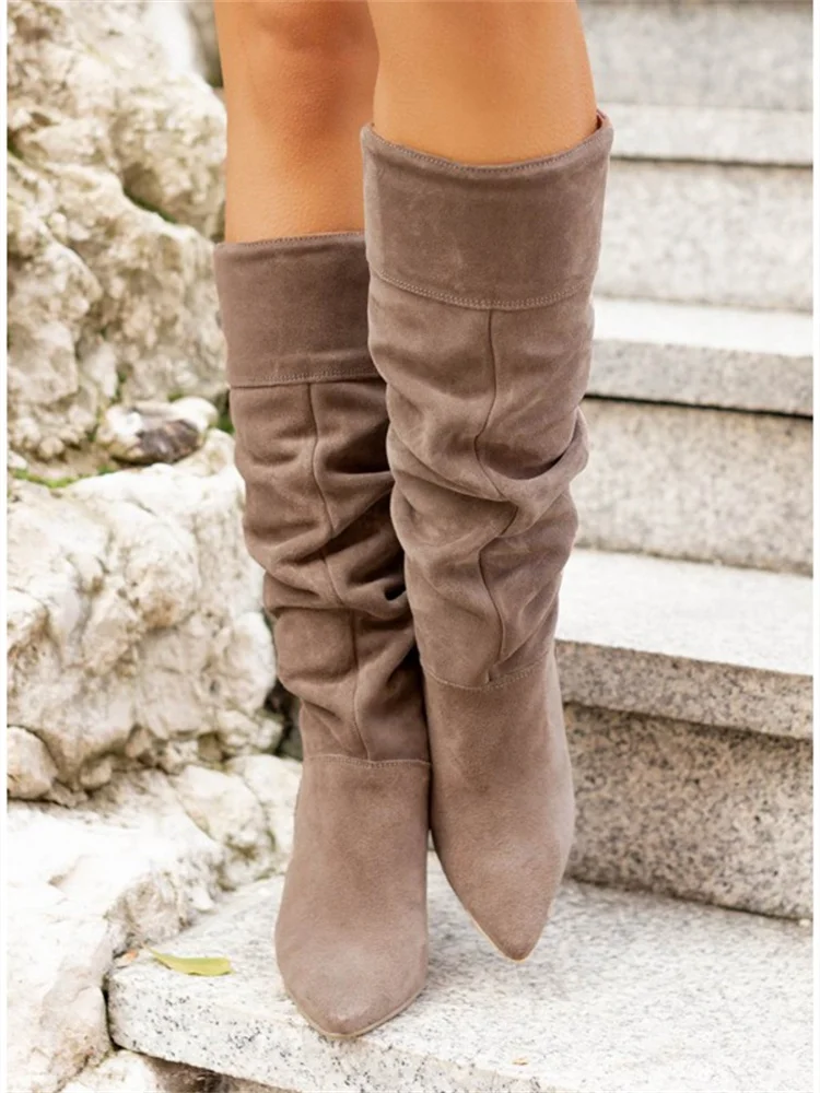 Women Boots 2022 Winter New Designer Luxury Faux Suede Fashion High Heel Women Shoes Elegant Plus Size Lady Mid Calf Boots