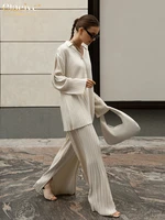 clacive fashion long sleeve blouses womens two peice sets casual loose slit wide trouser suits elegant white pleated female set