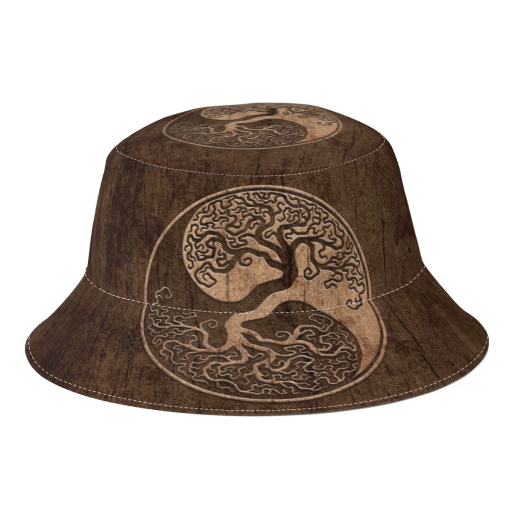 

Панама Складная для мужчин и женщин, шляпа с грубым деревянным принтом дерева жизни, Инь Янь, уличная одежда, летняя