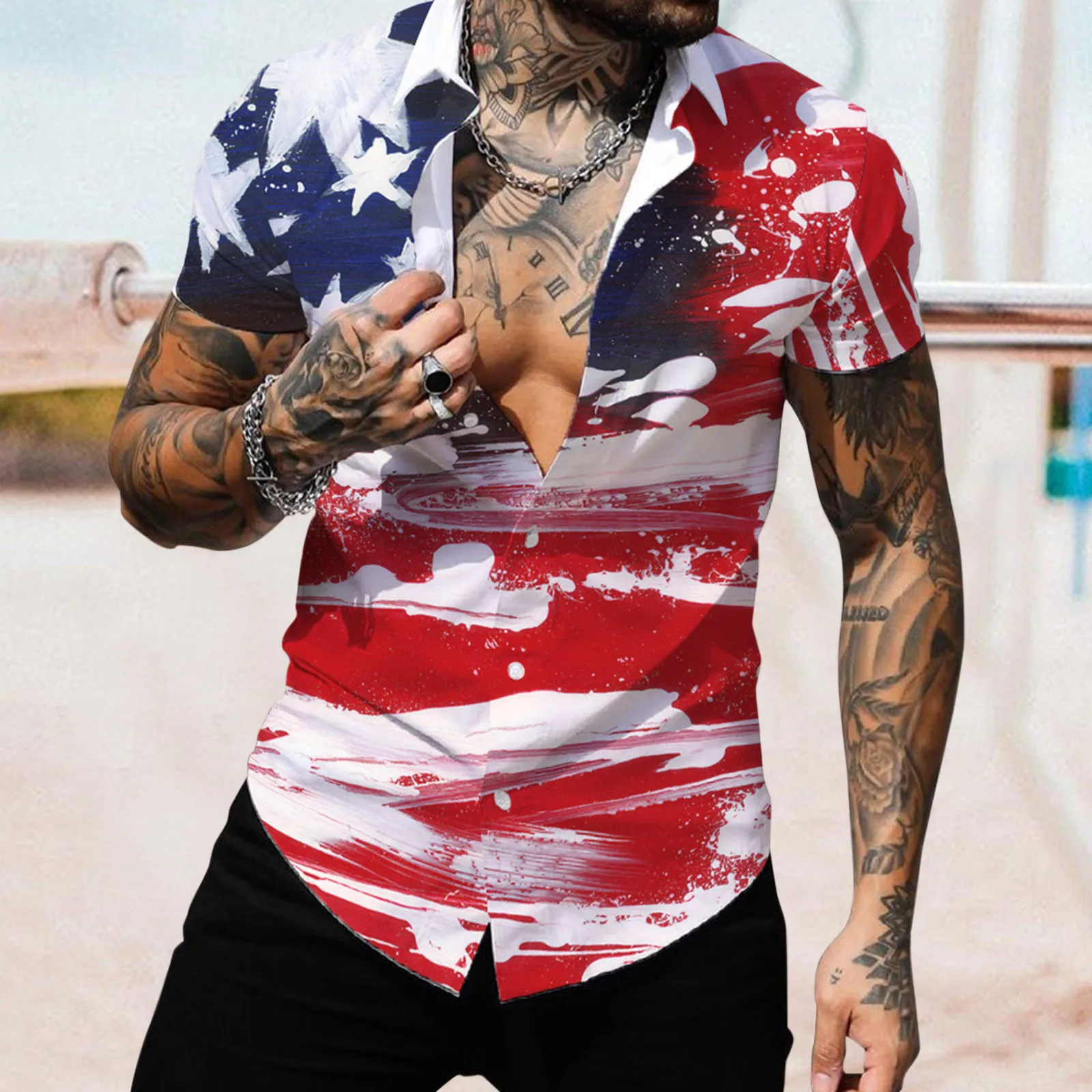 

Male Summer Casual Independence Day Flag Print Shirt Short Sleeve Turn Down Collar Shirt T Shirt White