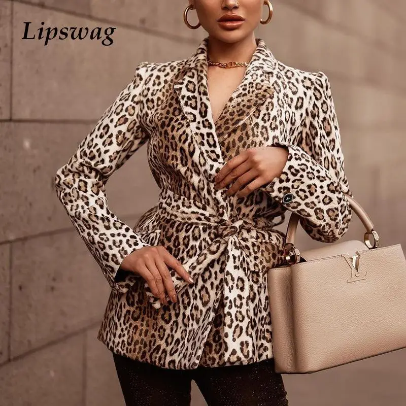 

2022 New Arrival Women Fashion Leopard Blazer with Belt Long Sleeve Turn-down Collar Coat Female Chic Office Blazer Jacket