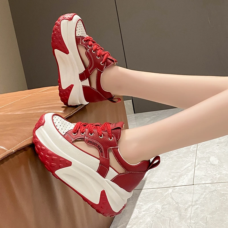 Women Lace-up Chunky Sneakers Platform Wedge Comfort Sports Shoes Fashion 6CM Leather Breathable New Summer Hollow Leisure Shoes