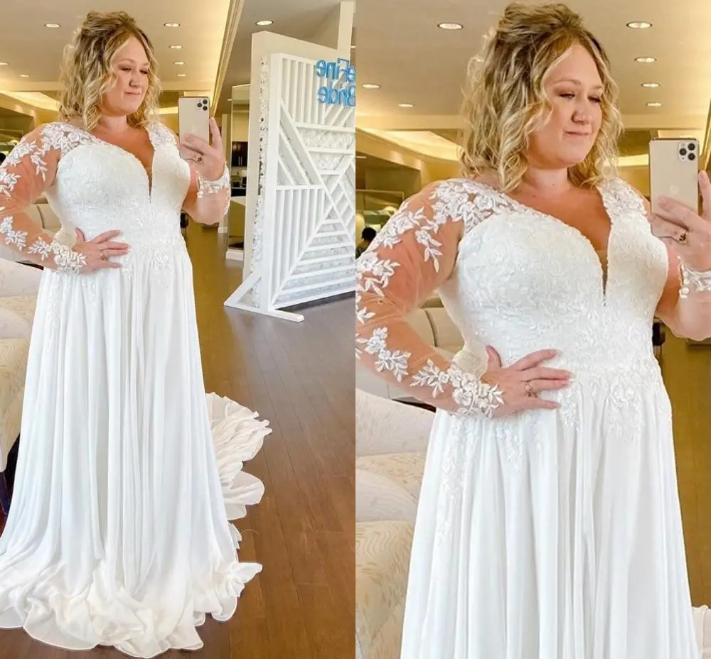 

Customized Plus Size Wedding Dresses A Line Chiffon Long Sleeves Lace Applique V Neck Bridal Gowns Sweep Train Vestido De Noiva