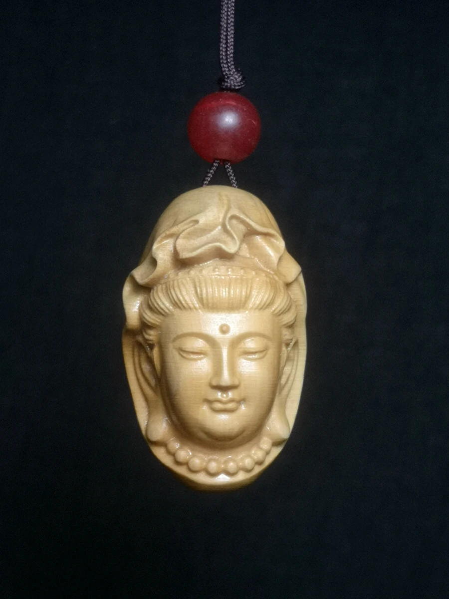 

1919 Chinese boxwood hand Carved Avalokitesvara Buddha head statue amulet necklace pendant netsuke decoration collection gift