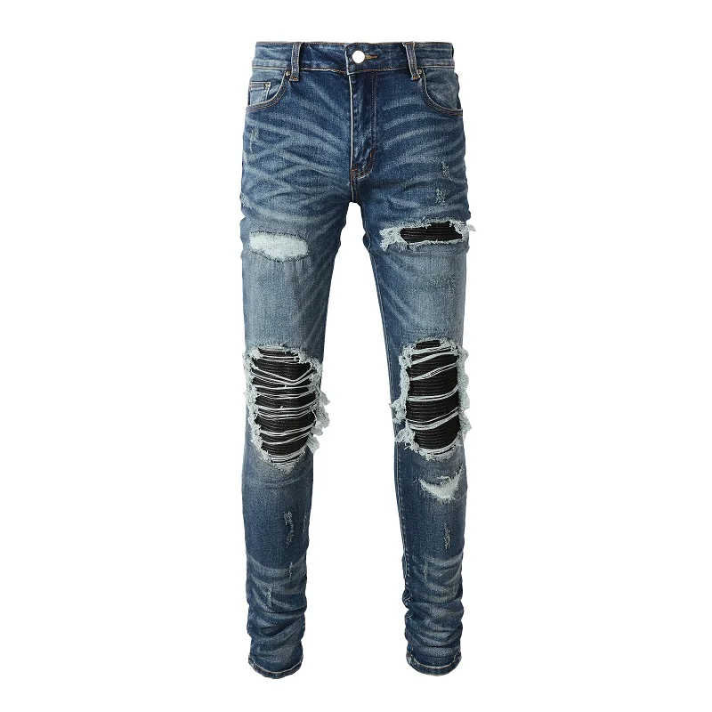 

New Arrival Men's Blue Slim Fit Streetwear Distressed Skinny Stretch Destroyed Hole Tie Dye Bandana Ribs Patches Ripped Jeans