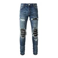 New Arrival Men's Blue Slim Fit Streetwear Distressed Skinny Stretch Destroyed Hole Tie Dye Bandana Ribs Patches Ripped Jeans