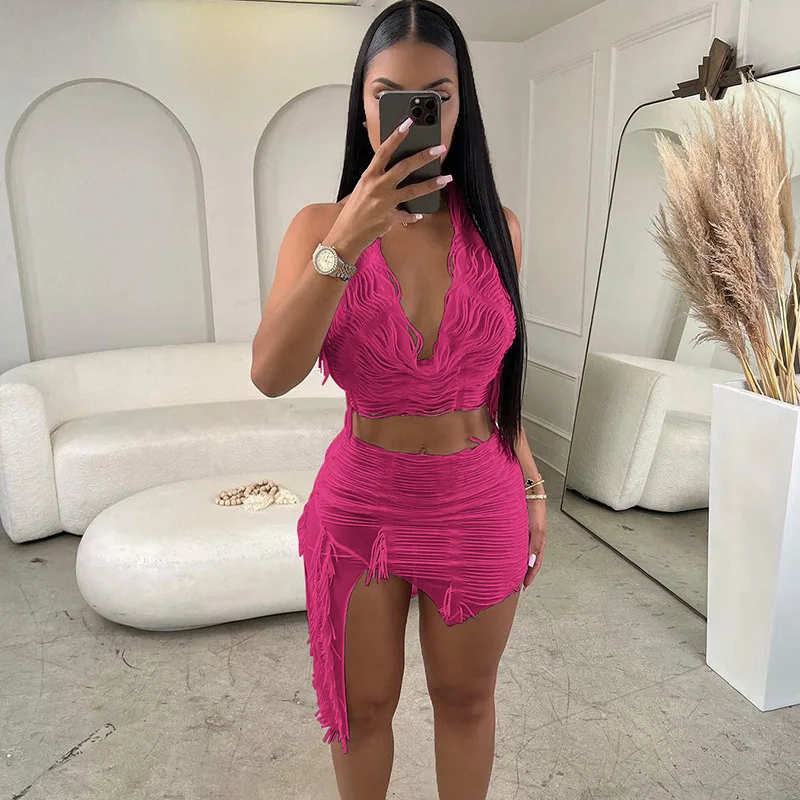 

Hollow Out Tassel White Two Piece Dress Sets Women Sexy V Neck Halter Backless Vests Crop Top Asymmetrical Mini Skirt Streetwear