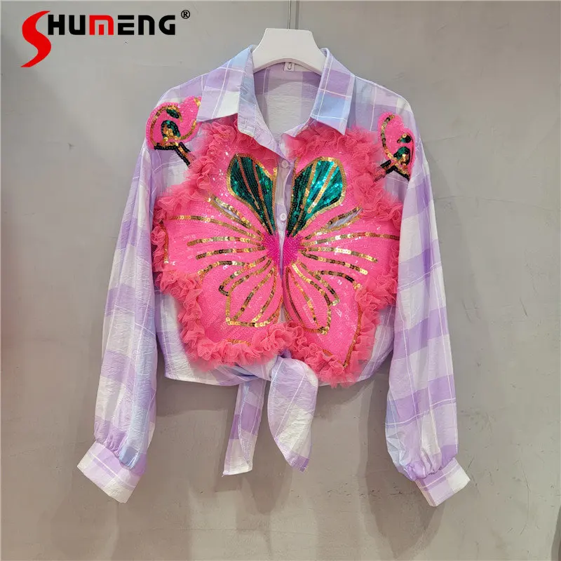 

European Station 2023 Summer New Design Sense Blouse Heavy Industry Beads Sequin Flower Stitching Mesh Sunscreen Shirt Top