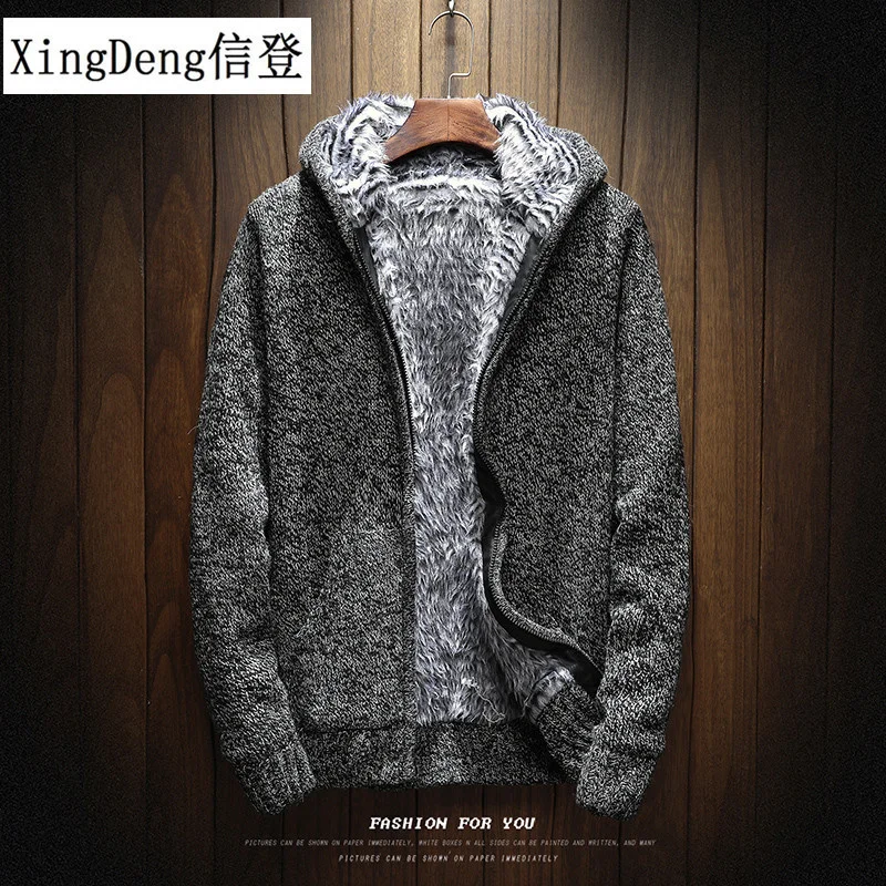 

XingDeng Men Sweater Warm Affordable Thick Fashion Knitting Hoodies Men Sweatshirt Zip Male Hooded Fur Top Clothes