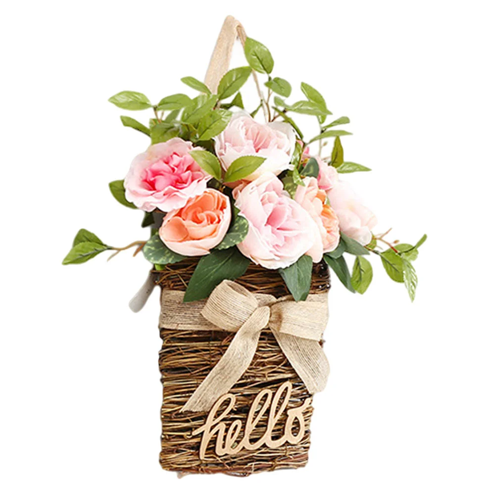 

Flower Hanging Wreath Door Sign Fake Artificial Basket Hello Baskets Front Wooden Wall Plaque Faux Welcome Garland Rustic Floral