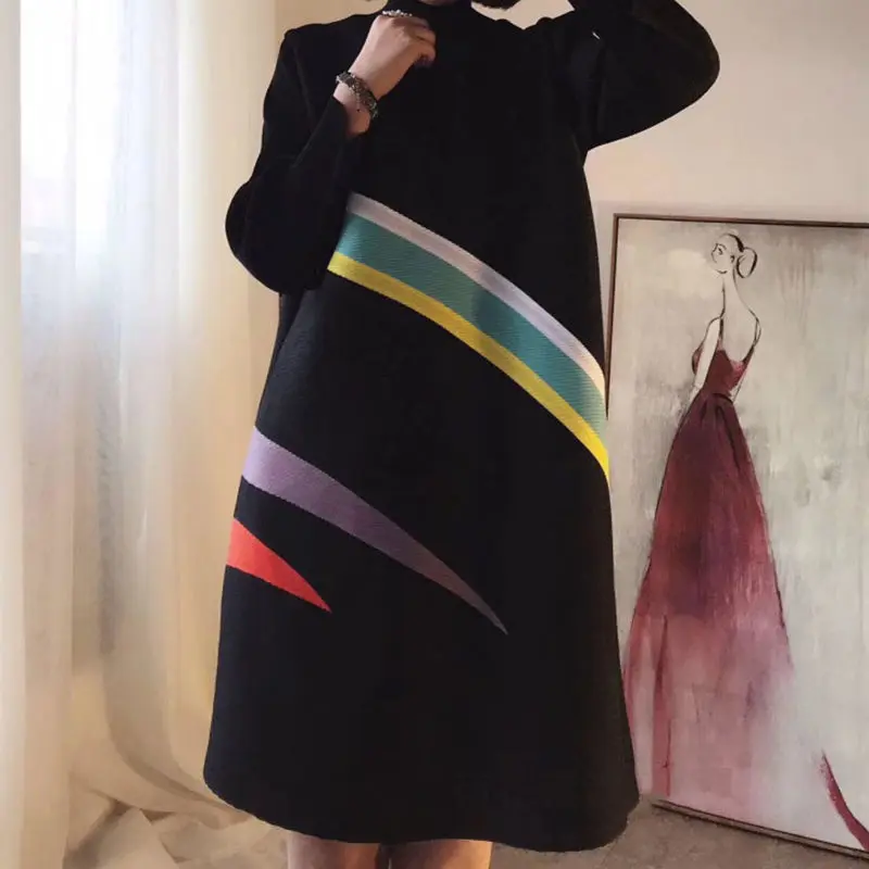 

Color-blocking long-sleeved high-neck dress female 2021 summer and autumn fashion new temperament A-line dress