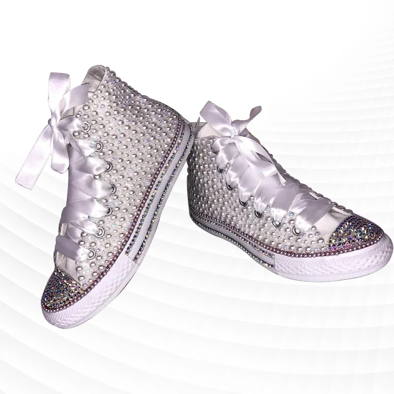 

High-top custom pearl rhinestone canvas shoes niche simple fairy trim casual large size shoes women 35-46