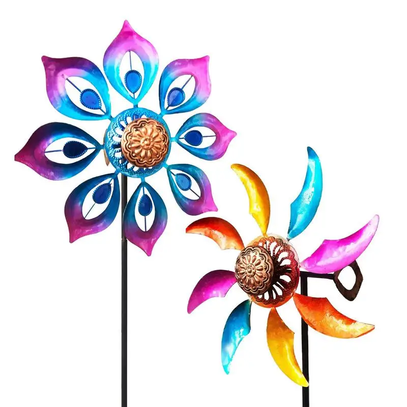 

Colorful Wind Spinner Colorful Metal Pole Flower Windmill Print Art For Garden Party Wind Collectors Large Lawn Pinwheel Decor