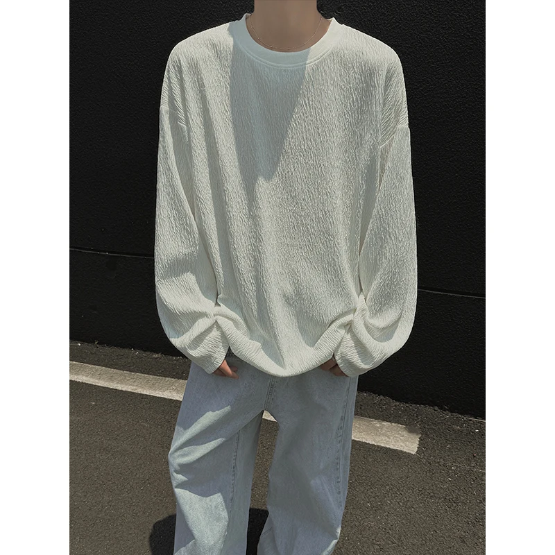 Idle Sle Long sleeves Shirt Men's Spring and Autumn 2024 Couple Teenagers Solid All-Match Oversize round Neck Base |
