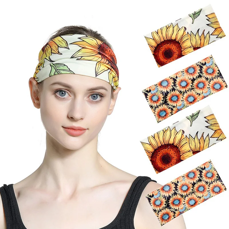 

Новая эластичная широкая повязка на голову с цветочным принтом для женщин, модная винтажная спортивная повязка на голову с подсолнухом для ...