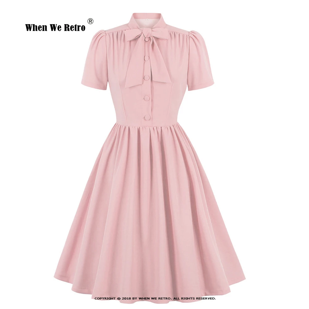 

Женское офисное платье с бантом на шее, однотонное винтажное платье миди в стиле Хепберн 50-60-х годов, модель SD0081