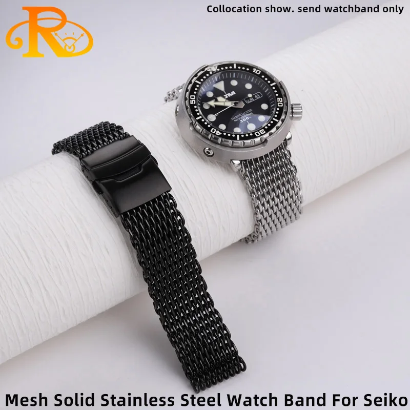 Сетчатый сплошной ремешок для часов из нержавеющей стали 18 мм 20 22 Seiko Дайвинг
