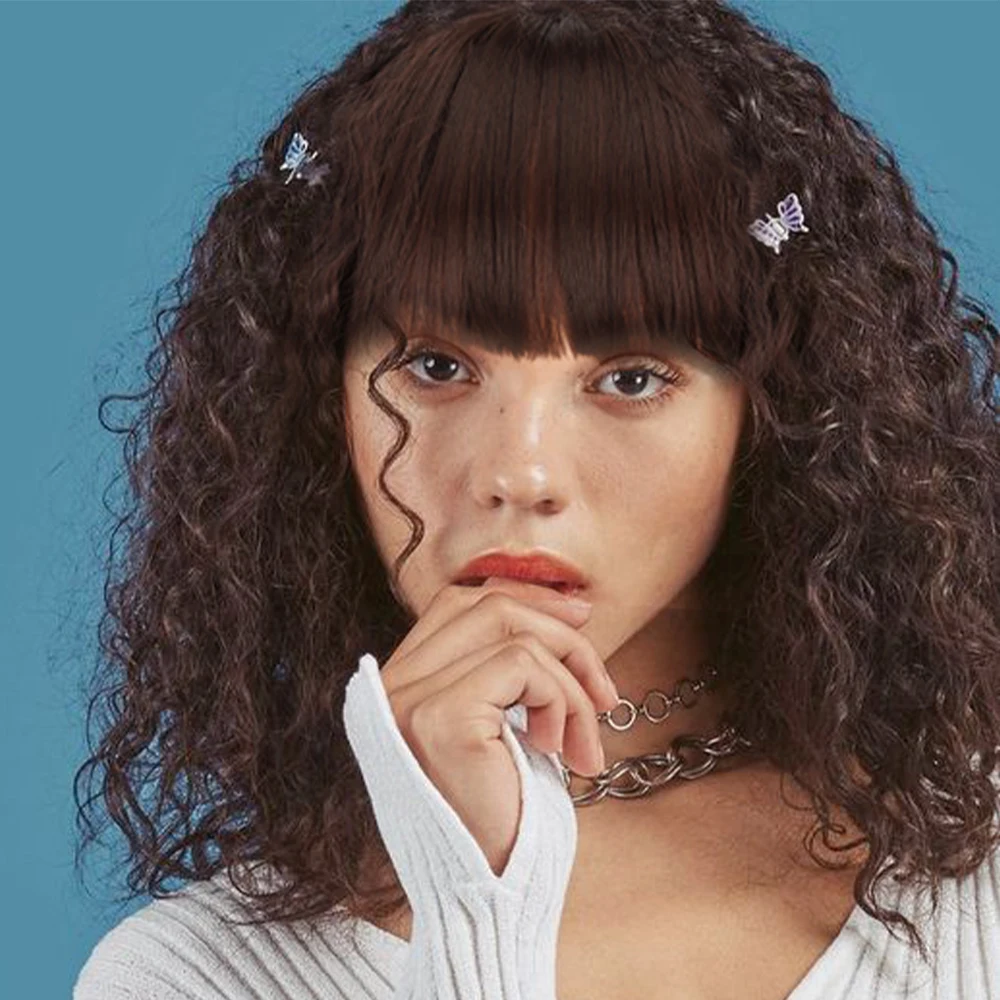 

Jerry Curly Synthetic Short Bob Hair Wigs With Bangs 15inches Brown Wigs Deep Wave Wig with Bangs For Women Natural Hair Parting