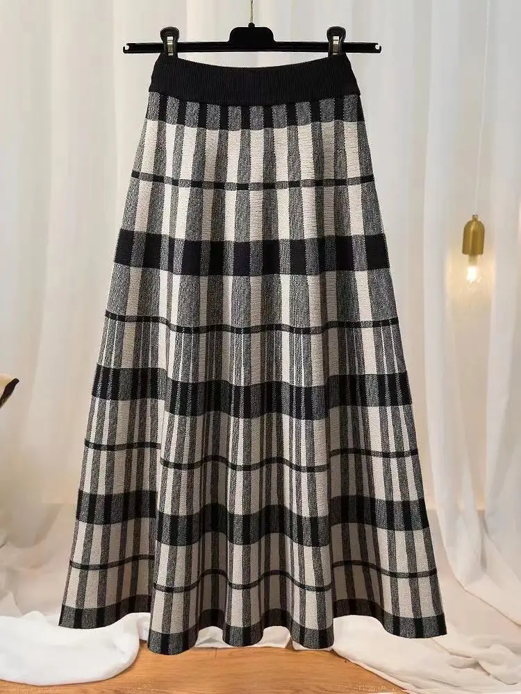 

Винтажная клетчатая вязаная длинная юбка для женщин, Осень-зима, элегантная трапециевидная эластичная юбка средней длины с высокой талией, 1 шт./лот