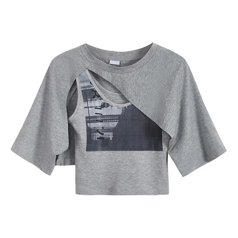 Two Piece Crop Tops Women Harajuku Print Shawl+vest Y2k Top E Girls Chic Gray Short-sleeved Loose T-shirts Summer New