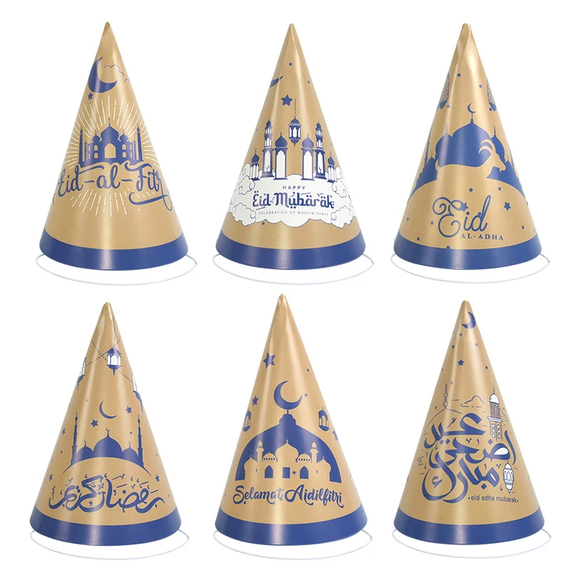 

6pcs/set EID Mubarak Paper Hat Islamic Muslim Happy Eid AL Adha Mubarak Kids Favor Photo Props Hat Ramadan Kareem Party Supplies