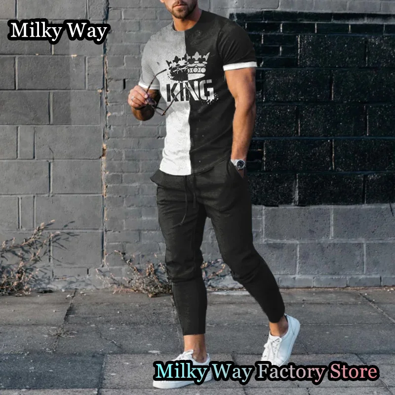 Summer Men Tracksuit 2 Pieces King Printing T-Shirt Trousers Set Casual Jogging Suit Fashion Trend Outfit Male Cool Streetwear