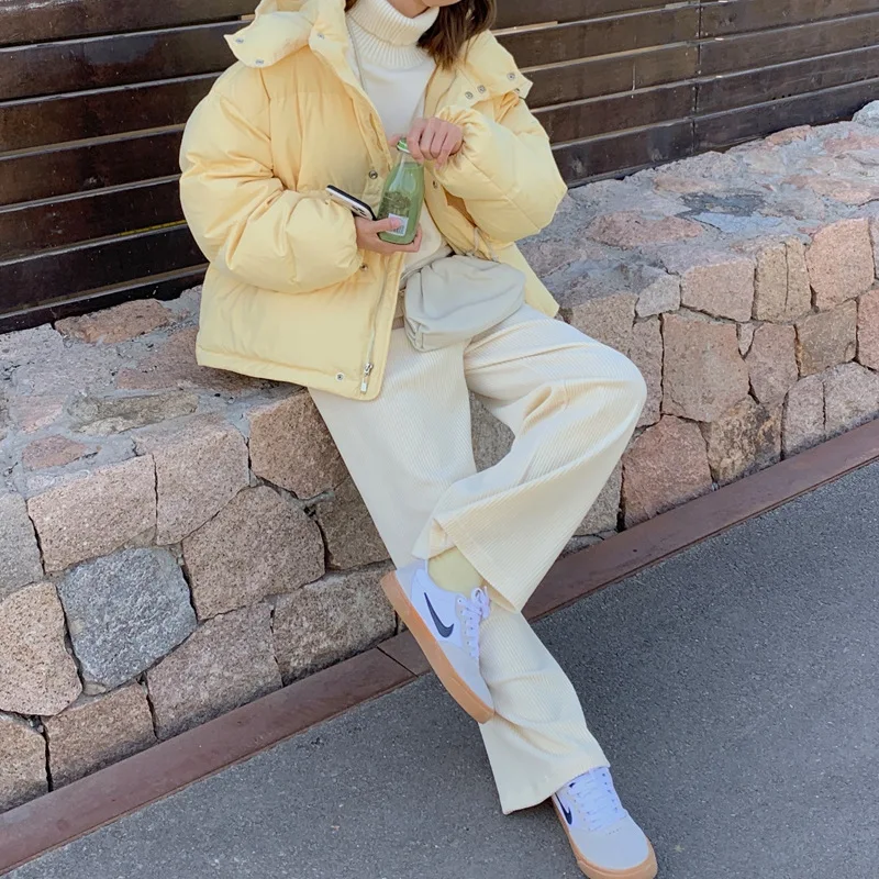 Milk Yellow Wrapped White Duck Down Warm Hooded Down Cotton Jacket for Women New  Short Versatile Womens Jacket