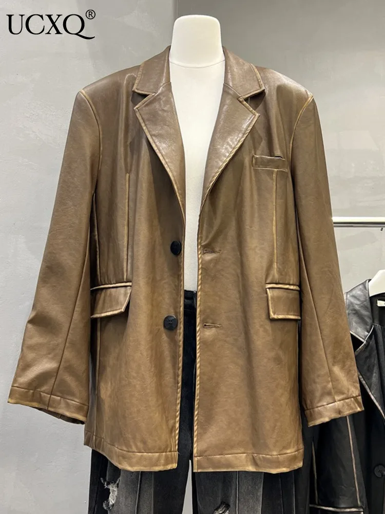 

UCXQ PU Leather Blazer Coat Women Long Sleeve Lapel Fashion Loose Streetwear Suit Jacket 2023 Autumn Winter New clothes 23A5742