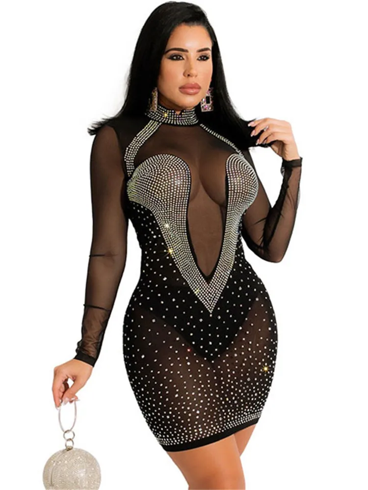

Прозрачное облегающее мини-платье в стиле пэчворк стразы из прозрачной сетки женские Клубные наряды прозрачные вечерние сексуальные плать...