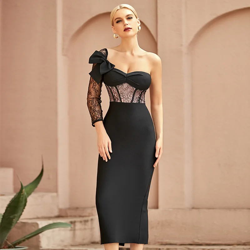 

Elegant Lace Patchwork Slim Bodycon Dress Women Sexy One Shoulder Strapless Backless Bandage Dress Wedding Evening Party Dress