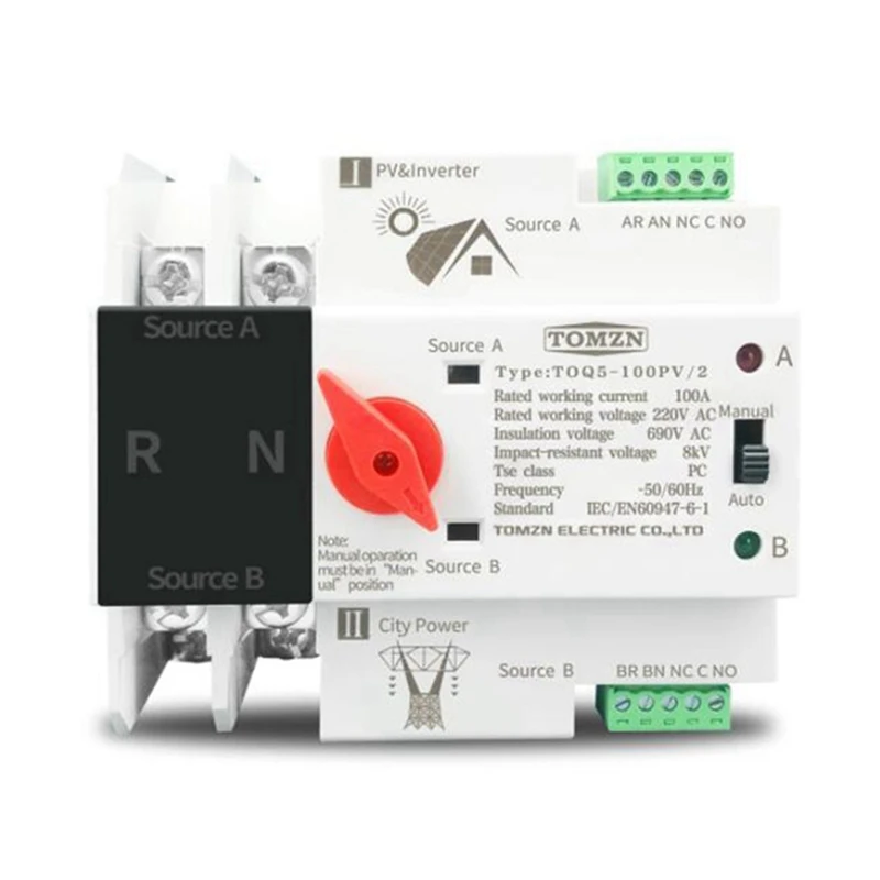 

2X Din Rail 2P ATS Dual Power автоматический переключатель, электрические переключатели непрерывного питания 100A
